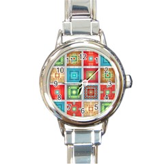 Tiles Pattern Background Colorful Round Italian Charm Watch by Nexatart