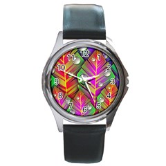 Abstract Background Colorful Leaves Round Metal Watch by Nexatart