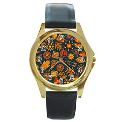 Pattern Background Ethnic Tribal Round Gold Metal Watch by Nexatart