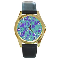 Electric Palm Tree Round Gold Metal Watch by jumpercat