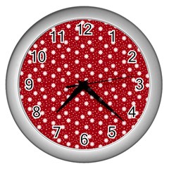 Floral Dots Red Wall Clocks (Silver) 