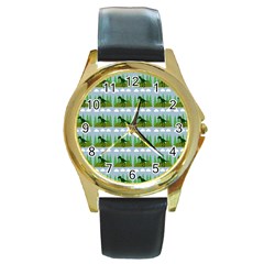 Dino In The Mountains Blue Round Gold Metal Watch by snowwhitegirl