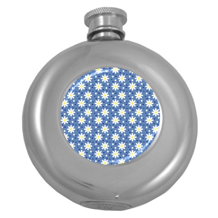 Daisy Dots Blue Round Hip Flask (5 oz)