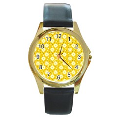 Daisy Dots Yellow Round Gold Metal Watch by snowwhitegirl