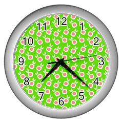 Square Flowers Green Wall Clocks (silver)  by snowwhitegirl