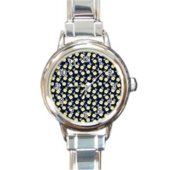 Square Flowers Navy Blue Round Italian Charm Watch by snowwhitegirl