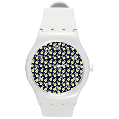 Square Flowers Navy Blue Round Plastic Sport Watch (m) by snowwhitegirl