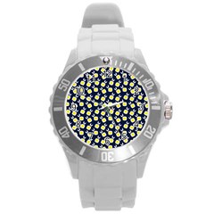 Square Flowers Navy Blue Round Plastic Sport Watch (l) by snowwhitegirl