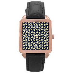 Square Flowers Navy Blue Rose Gold Leather Watch  by snowwhitegirl