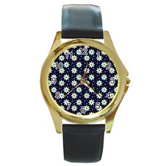 Daisy Dots Navy Blue Round Gold Metal Watch by snowwhitegirl