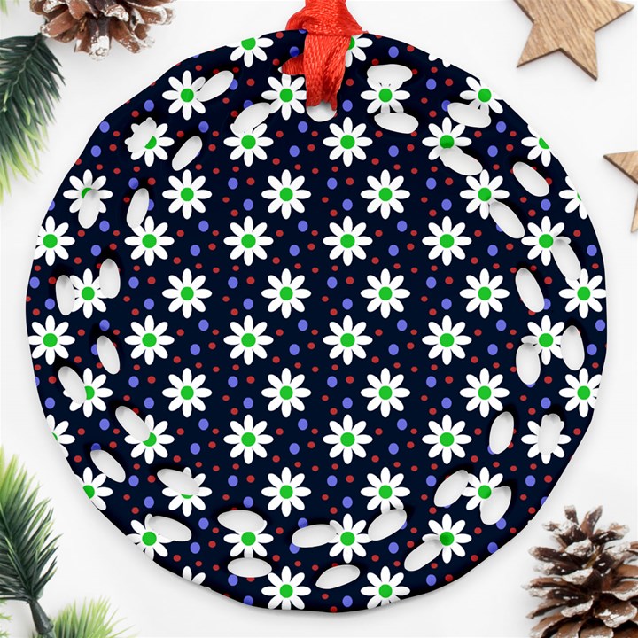 Daisy Dots Navy Blue Round Filigree Ornament (Two Sides)