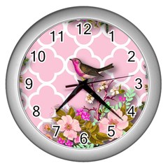 Shabby Chic,floral,bird,pink,collage Wall Clocks (silver)  by NouveauDesign