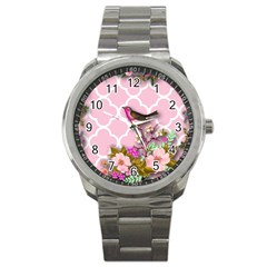 Shabby Chic,floral,bird,pink,collage Sport Metal Watch by NouveauDesign