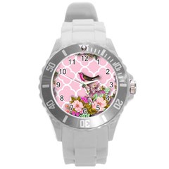 Shabby Chic,floral,bird,pink,collage Round Plastic Sport Watch (l) by NouveauDesign