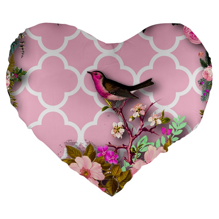 shabby chic,floral,bird,pink,collage Large 19  Premium Heart Shape Cushions