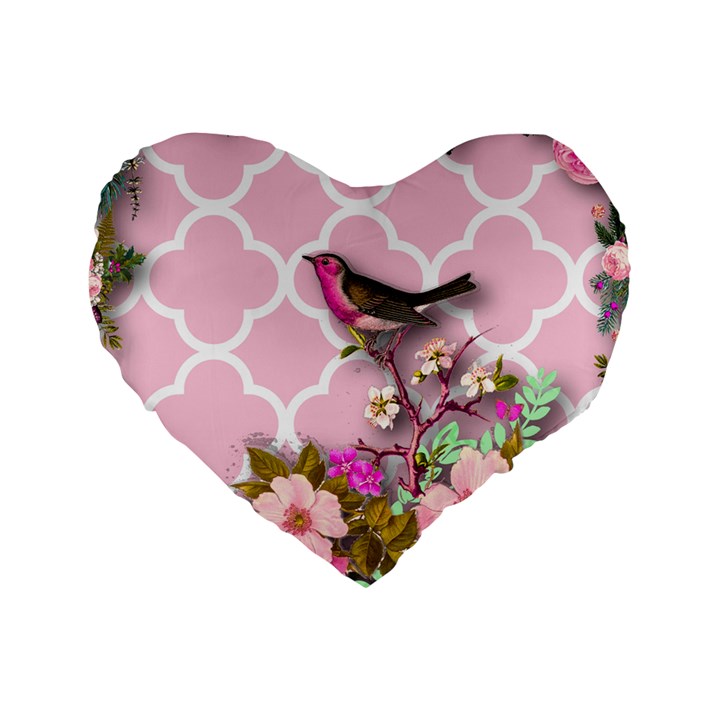 shabby chic,floral,bird,pink,collage Standard 16  Premium Flano Heart Shape Cushions