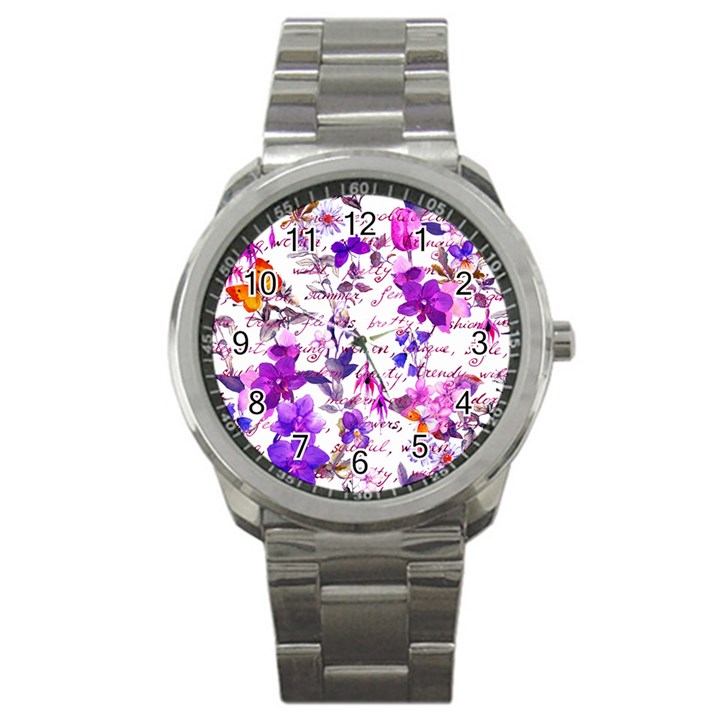 ultra violet,shabby chic,flowers,floral,vintage,typography,beautiful.feminine,girly,pink,purple Sport Metal Watch