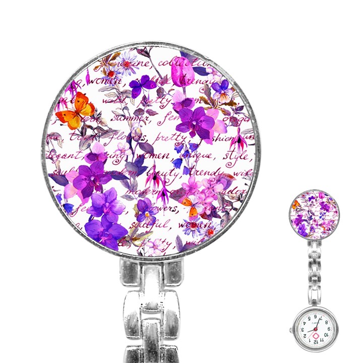 ultra violet,shabby chic,flowers,floral,vintage,typography,beautiful.feminine,girly,pink,purple Stainless Steel Nurses Watch