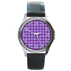 Purple Tartan Round Metal Watch