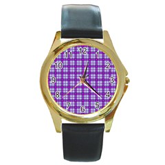 Purple Tartan Round Gold Metal Watch