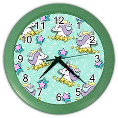 Magical Happy Unicorn And Stars Color Wall Clocks by Bigfootshirtshop