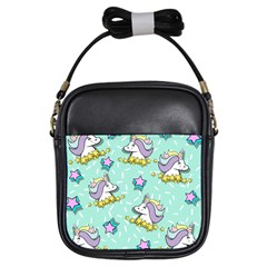 Magical Happy Unicorn And Stars Girls Sling Bags by Bigfootshirtshop