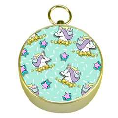 Magical Happy Unicorn And Stars Gold Compasses by Bigfootshirtshop