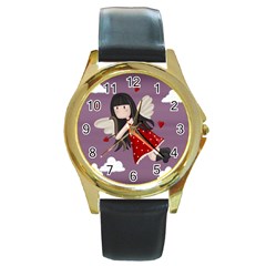 Cupid Girl Round Gold Metal Watch by Valentinaart