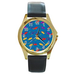 Fish Blue Background Pattern Texture Round Gold Metal Watch by Nexatart