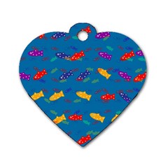 Fish Blue Background Pattern Texture Dog Tag Heart (two Sides) by Nexatart