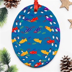 Fish Blue Background Pattern Texture Oval Filigree Ornament (two Sides) by Nexatart