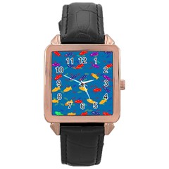 Fish Blue Background Pattern Texture Rose Gold Leather Watch  by Nexatart