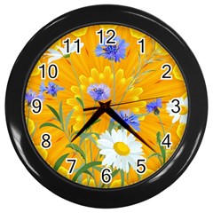 Flowers Daisy Floral Yellow Blue Wall Clocks (black) by Nexatart