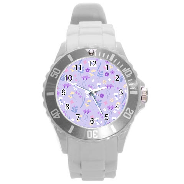 violet,lavender,cute,floral,pink,purple,pattern,girly,modern,trendy Round Plastic Sport Watch (L)