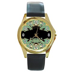 Black,green,gold,art Nouveau,floral,pattern Round Gold Metal Watch by NouveauDesign