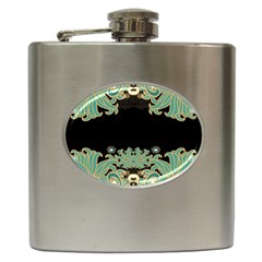 Black,green,gold,art Nouveau,floral,pattern Hip Flask (6 Oz)