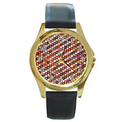 Mosaic Pattern Quilt Pattern Round Gold Metal Watch by paulaoliveiradesign