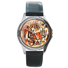 Tiger Portrait Art Abstract Round Metal Watch by Nexatart