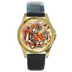 Tiger Portrait Art Abstract Round Gold Metal Watch by Nexatart