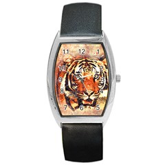 Tiger Portrait Art Abstract Barrel Style Metal Watch by Nexatart