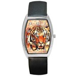 Tiger Portrait Art Abstract Barrel Style Metal Watch Front