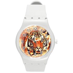 Tiger Portrait Art Abstract Round Plastic Sport Watch (m) by Nexatart