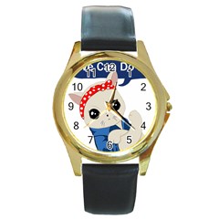 Feminist Cat Round Gold Metal Watch by Valentinaart