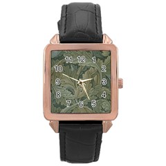 Vintage Background Green Leaves Rose Gold Leather Watch 