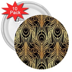 Gold, Black,peacock Pattern,art Nouveau,vintage,belle Epoque,chic,elegant,peacock Feather,beautiful 3  Buttons (10 Pack)  by NouveauDesign