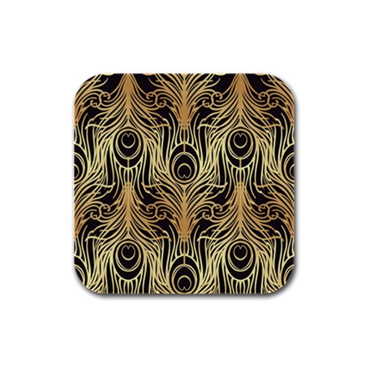 gold, black,peacock pattern,art nouveau,vintage,belle epoque,chic,elegant,peacock feather,beautiful Rubber Square Coaster (4 pack) 