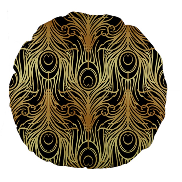 gold, black,peacock pattern,art nouveau,vintage,belle epoque,chic,elegant,peacock feather,beautiful Large 18  Premium Flano Round Cushions