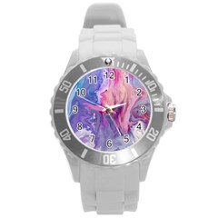 Marbled,ultraviolet,violet,purple,pink,blue,white,stone,marble,modern,trendy,beautiful Round Plastic Sport Watch (l) by NouveauDesign