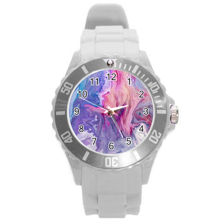 marbled,ultraviolet,violet,purple,pink,blue,white,stone,marble,modern,trendy,beautiful Round Plastic Sport Watch (L)