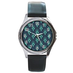 Blue,teal,peacock Pattern,art Deco Round Metal Watch by NouveauDesign